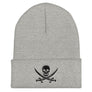 Grey beanie hat with Jack Rackham pirate flag represented as a black skull above two black crossed swords, which contributed to the popularization of pirates worldwide