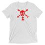 White short sleeve t-shirt depicting red pirate flag of Emanuel Wynn, famous French pirate, which is a variant of crossbones motif with an addition of an hourglass which represented that pirate prey's time is up.