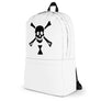White minimalist backpack depicting black pirate flag of Emanuel Wynn, famous French pirate, which is a variant of crossbones motif with an addition of an hourglass which represented that pirate prey's time is up.
