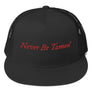 Stylish all black trucker cap with the phrase "Never Be Tamed" written horizontally in IM Fell font on the front of cap. All lettering is in Red.