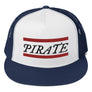 Stylish trucker cap with word "Pirate" written horizontally in IM Fell font between two crimson red bars on the front of cap. Cap brim is dark blue, front of cap is white, sides of cap are dark bluex. All lettering is in Black.