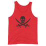 Red unisex tank top with Jack Rackham pirate flag represented as a black skull above two black crossed swords, which contributed to the popularization of pirates worldwide.