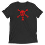 Black short sleeve t-shirt depicting red pirate flag of Emanuel Wynn, famous French pirate, which is a variant of crossbones motif with an addition of an hourglass which represented that pirate prey's time is up.