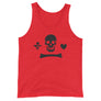 Red unisex tank top depicting the black pirate flag of Stede Bonnet "The Gentleman Pirate" represented as a white skull above a horizontal long bone between a heart and a dagger.