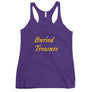 Purple racerback tank top with wording "Buried Treasure" written on two horizontal rows in IM Fell font on the front. Lettering is in Canary Yellow.