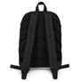 White minimalist backpack with the purported pirate flag of Blackbeard, consisting of a white horned skeleton using a spear to pierce a red bleeding heart, typically attributed to the pirate Edward Teach, better known as Blackbeard.