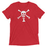 Red short sleeve t-shirt depicting white pirate flag of Emanuel Wynn, famous French pirate, which is a variant of crossbones motif with an addition of an hourglass which represented that pirate prey's time is up.
