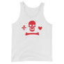 White unisex tank top depicting the pirate flag of Stede Bonnet "The Gentleman Pirate" represented as a red skull above a red horizontal long bone between red a heart and a red dagger.