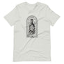 Light grey unisex short sleeve t-shirt with image of skeleton hands holding up a rum bottle with the "No Rum, No Fun" written in the middle. In small semi circle above the bottle, "Mutineer Bay" is written. All images and lettering is in black.