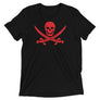 Charcoal Black short sleeve t-shirt with Jack Rackham pirate flag represented as a red skull above two red crossed swords, which contributed to the popularization of pirates worldwide.