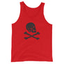 Red unisex tank top with Henry Every pirate flag which depicts a black skull in profile wearing a kerchief and an earring, above a saltire of two black crossed bone