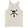 Oatmeal tank top depicting black pirate flag of Emanuel Wynn, famous French pirate, which is a variant of crossbones motif with an addition of an hourglass which represented that pirate prey's time is up.