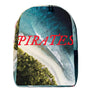 Minimalist Backpack with all over image of shore line in Outer Banks, North Carolina with word "Pirates" written in center in red IM Fell font.