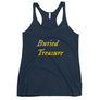 Navy Blue racerback tank top with wording "Buried Treasure" written on two horizontal rows in IM Fell font on the front. Lettering is in Canary Yellow.