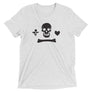 White unisex short sleeve t-shirt depicting the black pirate flag of Stede Bonnet "The Gentleman Pirate" represented as a white skull above a horizontal long bone between a heart and a dagger.
