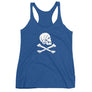 Royal Blue racerback tank top with Henry Every pirate flag which depicts a white skull in profile wearing a kerchief and an earring, above a saltire of two white crossed bone