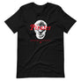 Black short sleeve t-shirt with "Pirates Honor Loyalty" written horizontally transposed over skull outline. Lettering is in red and skull is in white.