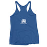 Royal Blue racerback tank top with Henry Every pirate flag which depicts a white skull in profile wearing a kerchief and an earring, above a saltire of two white crossed bone
