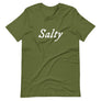 Green Mustard unisex t-shirt with wording "Salty" written on one horizontal row in IM Fell font on the front. Lettering is in White.