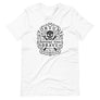 White short sleeve t-shirt with centered skull and cross bones, with small additional artistic accents, surrounded in a circular pattern with "Fortune Favors the Brave". All lettering and imagining is in Black.