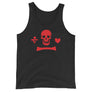 Charcoal Black unisex tank top depicting the pirate flag of Stede Bonnet "The Gentleman Pirate" represented as a red skull above a red horizontal long bone between red a heart and a red dagger.