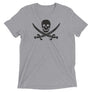 Light Grey unisex short sleeve t-shirt with Jack Rackham pirate flag represented as a black skull above two black crossed swords, which contributed to the popularization of pirates worldwide.
