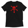 Black short sleeve t-shirt depicting red pirate flag of Emanuel Wynn, famous French pirate, which is a variant of crossbones motif with an addition of an hourglass which represented that pirate prey's time is up.
