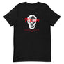 Black short sleeve t-shirt with "Pirates Honor Loyalty" written horizontally transposed over skull outline. Lettering is in red and skull is in white.