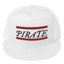 Stylish all white trucker cap with word "Pirate" written horizontally in IM Fell font between two crimson red bars on the front of cap. Cap. All lettering is in Black.