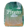 Minimalist Backpack with all over image of shore line in Tortuga with word "Pirates" written in center in white IM Fell font.