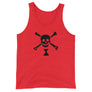 Red tank top depicting black pirate flag of Emanuel Wynn, famous French pirate, which is a variant of crossbones motif with an addition of an hourglass which represented that pirate prey's time is up.