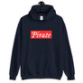 Black unisex Hoodie with word "Pirate" written horizontally in white IM Fell font encased in crimson red box. Lettering is in white.