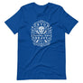 Royal Blue short sleeve t-shirt with centered skull and cross bones, with small additional artistic accents, surrounded in a circular pattern with "Fortune Favors the Brave". All lettering and imagining is in White.