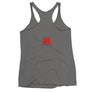 Grey racerback tank top depicting the red pirate flag of Stede Bonnet "The Gentleman Pirate" represented as a white skull above a horizontal long bone between a heart and a dagger