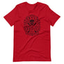 Crimson red short sleeve t-shirt with centered skull and cross bones, with small additional artistic accents, surrounded in a circular pattern with "Fortune Favors the Brave". All lettering and imagining is in Black.