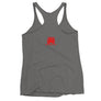 Grey racerback tank top with Jack Rackham pirate flag represented as a red skull above two red crossed swords, which contributed to the popularization of pirates worldwide