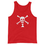Red tank top depicting white pirate flag of Emanuel Wynn, famous French pirate, which is a variant of crossbones motif with an addition of an hourglass which represented that pirate prey's time is up.