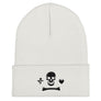 White beanie depicting the black pirate flag of Stede Bonnet "The Gentleman Pirate" represented as a white skull above a horizontal long bone between a heart and a dagger.
