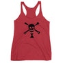 Crimson Red racerback tank top depicting black pirate flag of Emanuel Wynn, famous French pirate, which is a variant of crossbones motif with an addition of an hourglass which represented that pirate prey's time is up. Edit