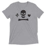 Grey unisex short sleeve t-shirt depicting the pirate flag of Stede Bonnet "The Gentleman Pirate" represented as a black skull above a black horizontal long bone between black a heart and a black dagger.