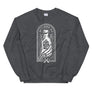 Grey unisex sweatshirt with image of skeleton hands holding up a rum bottle with the "No Rum, No Fun" written in the middle. In small semi circle above the bottle, "Mutineer Bay" is written. All images and lettering is in White.