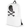 White minimalist backpack with Henry Every pirate flag which depicts a white skull in profile wearing a kerchief and an earring, above a saltire of two white crossed bones.