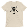 Oatmeal short sleeve t-shirt depicting black pirate flag of Emanuel Wynn, famous French pirate, which is a variant of crossbones motif with an addition of an hourglass which represented that pirate prey's time is up.