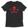 Black unisex short sleeve t-shirt depicting the pirate flag of Stede Bonnet "The Gentleman Pirate" represented as a red skull above a red horizontal long bone between red a heart and a red dagger.