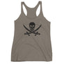 Grey racerback tank top with black Jack Rackham pirate flag represented as a black skull above two black crossed swords, which contributed to the popularization of pirates worldwide