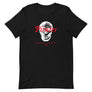 Black short sleeve t-shirt with "Pirates Honor Loyalty" written horizontally transposed over skull outline. Lettering is in red and skull is in white.