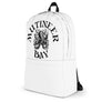 White Minimalist Backpack with Black unisex hoodie depicting white Mutineer Bay trademarked logo on the front.