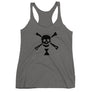 Dark Grey racerback tank top depicting black pirate flag of Emanuel Wynn, famous French pirate, which is a variant of crossbones motif with an addition of an hourglass which represented that pirate prey's time is up. Edit