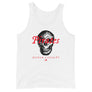 White unisex tank top depicting a black skull under horizontal red lettering that says, "Pirates Honor Loyalty" in IM Fell font.