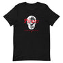 Black short sleeve t-shirt with "Pirates Honor Loyalty" written horizontally transposed over skull outline. Lettering is in red and skull is in white.